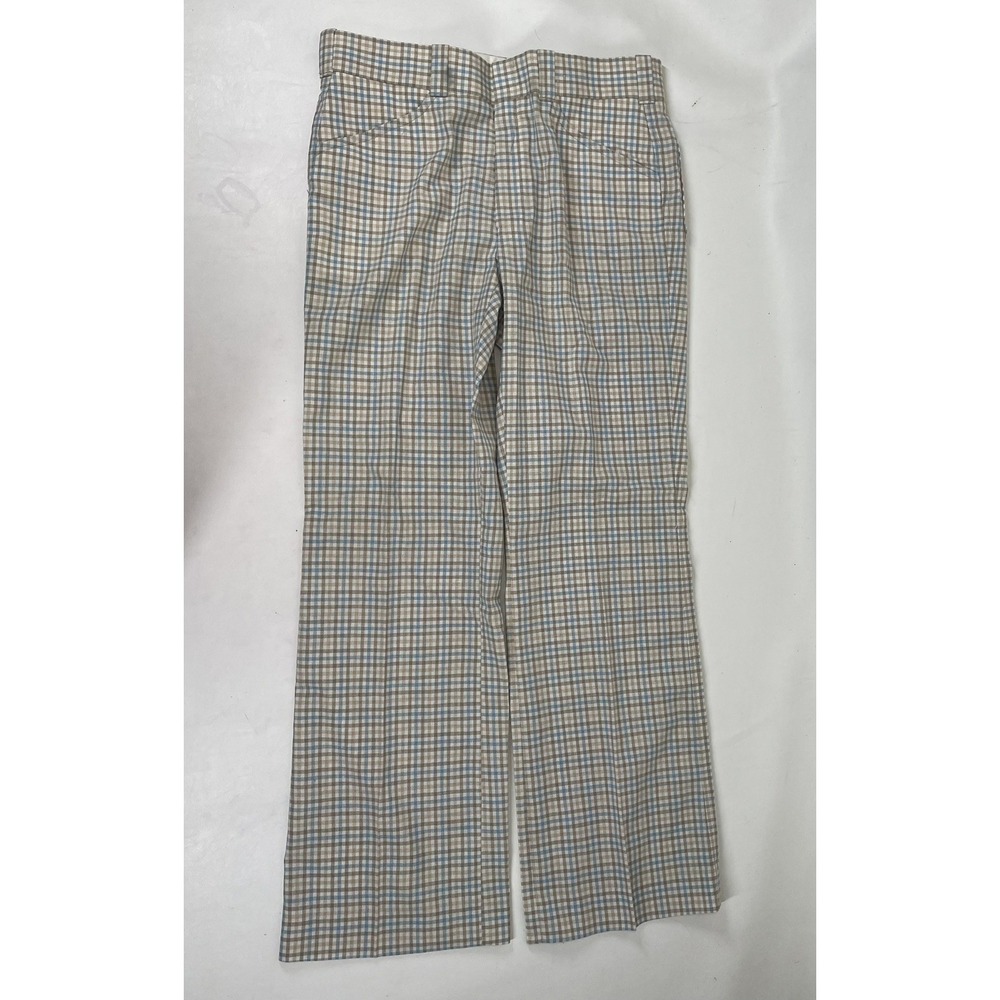 Johnny Miller Polyester Linen Plaid Flat Front Pants Mens 34R Blue Brown NWT VTG